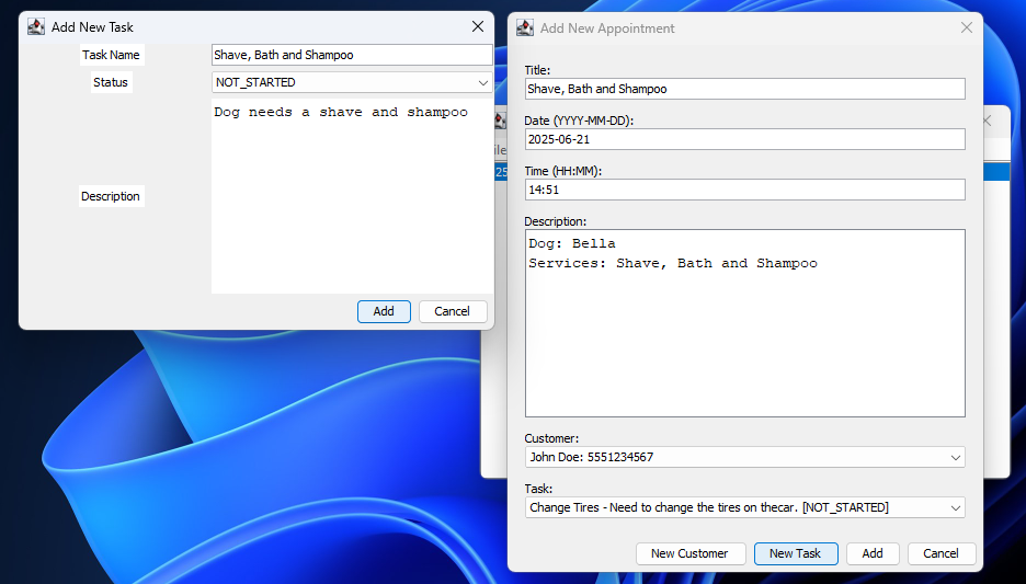 Screenshot of add new task from add new appointment screen